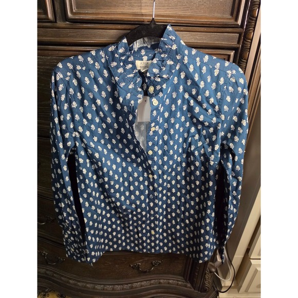 J.Crew Tops - J.Crew Ruffle Collar Button Down Shirt Navy White Block Print CP941 Womens S NEW